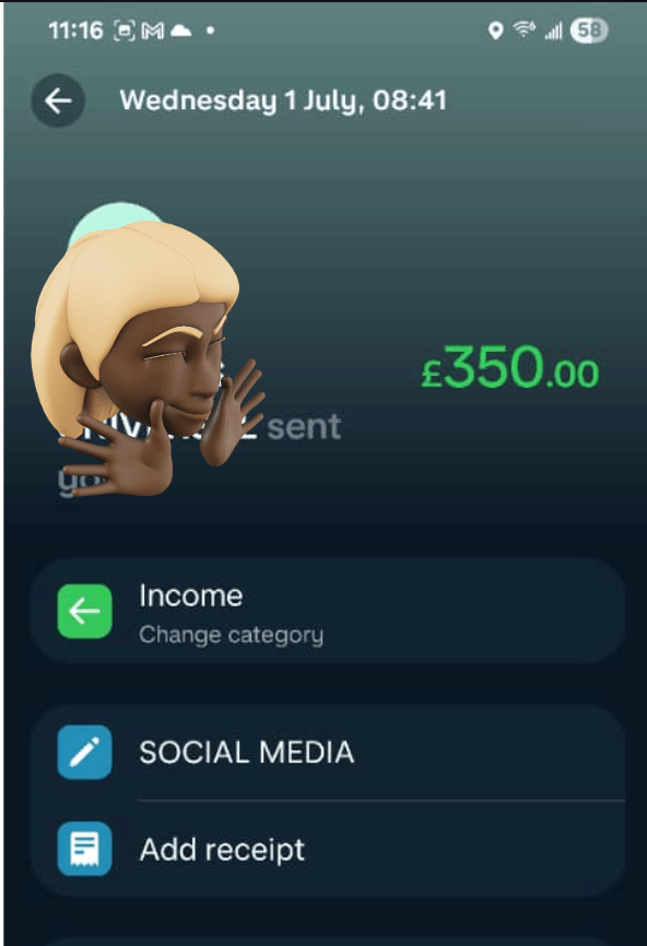 Monthly payment from her client